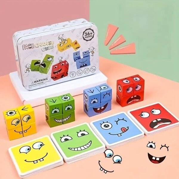 Puzzle Kubus Kayu Ekspresi Wajah Bangun Blok Lucu - Image 4