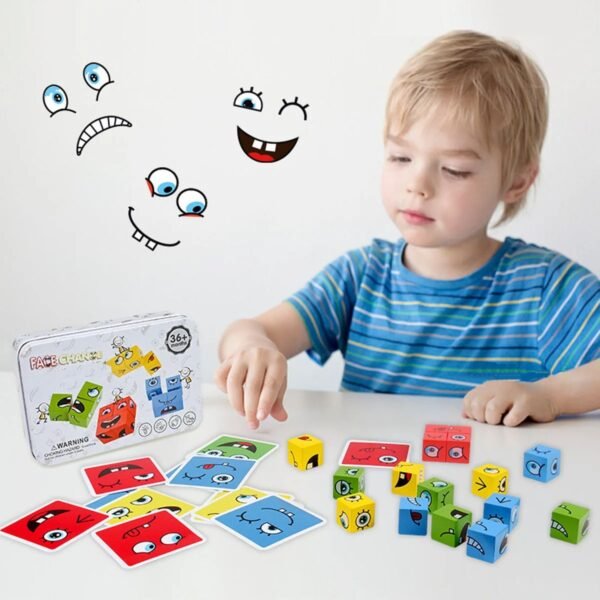 Puzzle Kubus Kayu Ekspresi Wajah Bangun Blok Lucu